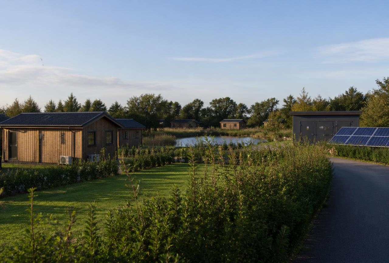 Vakantiepark met houten vakantiewoningen en zonnepanelen